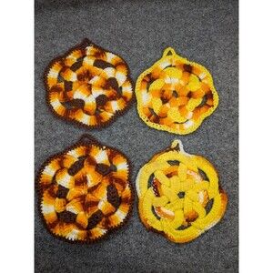 Handmade Crocheted Cotton Hot Pads Potholders Fall Candy Corn Colors Set of 4